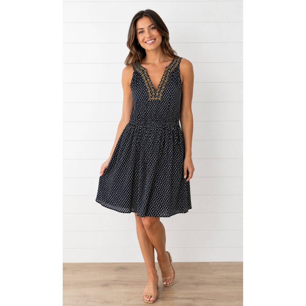 Lucky Brand Navy Blue Studded V-Neck Halter Mini Dress Boho Print Small